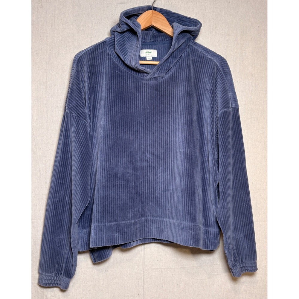 Aerie Women Blue Groove on Velour Hoodie Oversized Pullover Sweatshirt